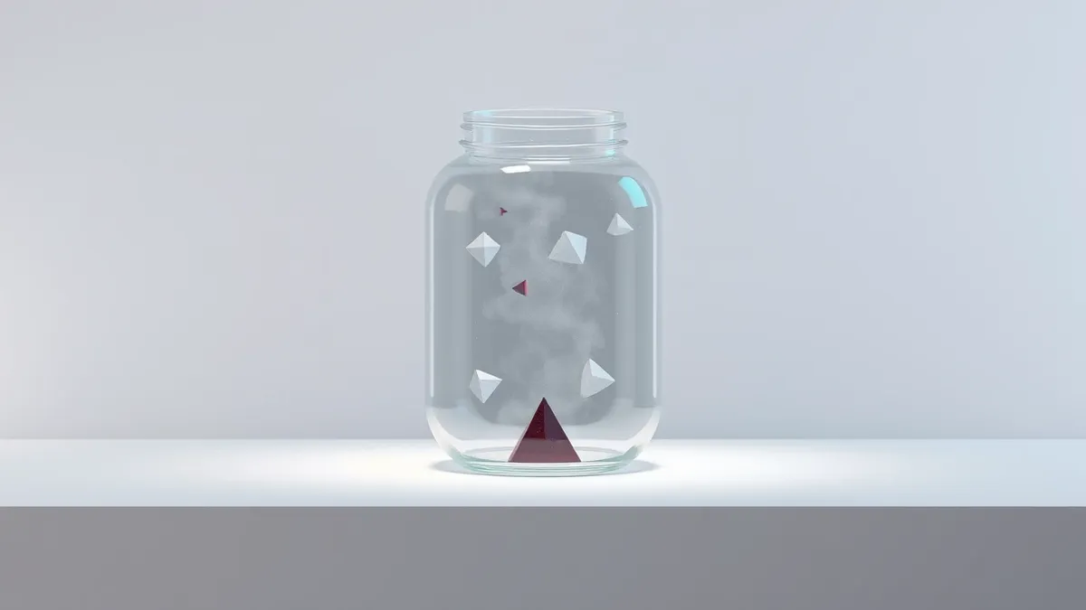 Illustration: A transparent glass jar sits on a clean white surface, filled with swirling grey mist and floating geometric shapes.