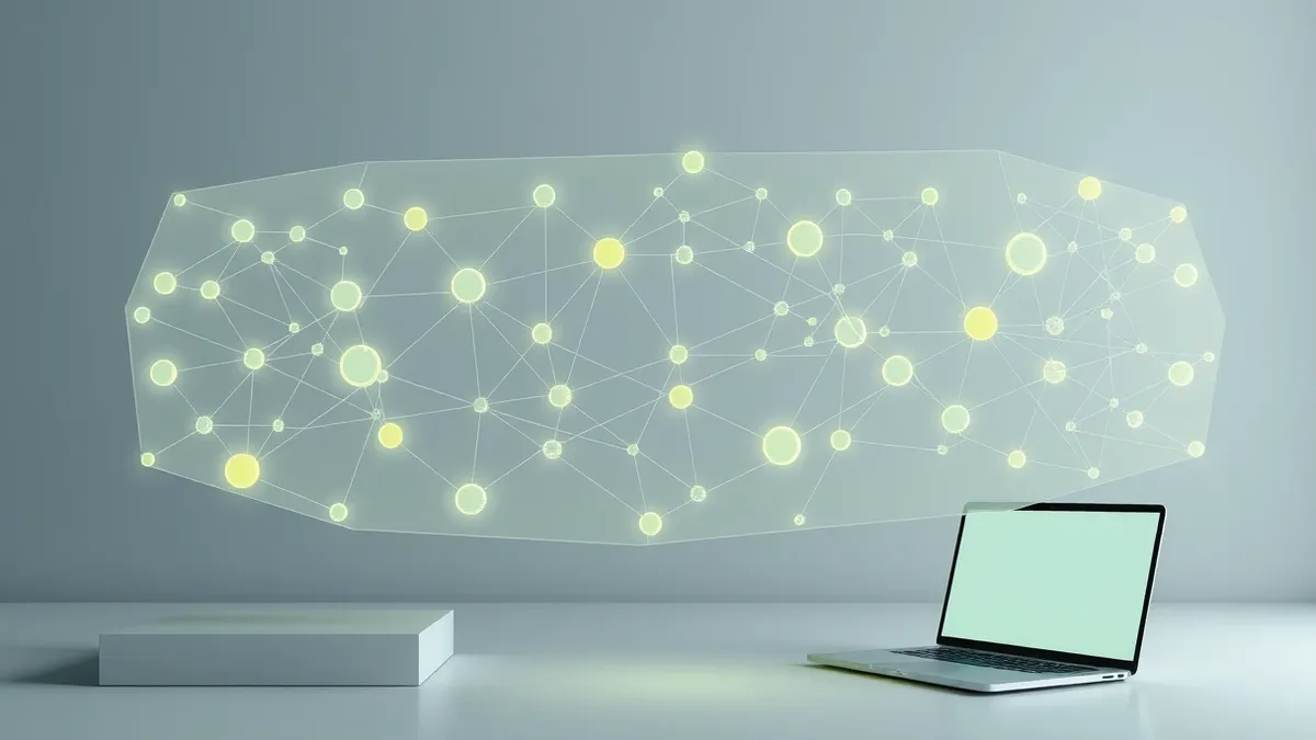 Illustration: A sleek, translucent interface floats in mid-air, displaying a complex web of interconnected nodes and abstract geometric shapes that represent diverse non-technical 