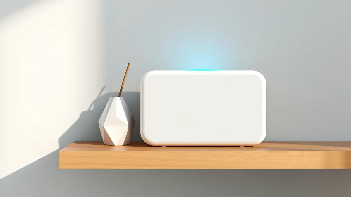 Illustration: A sleek white rectangular hub sits on a polished wooden shelf.