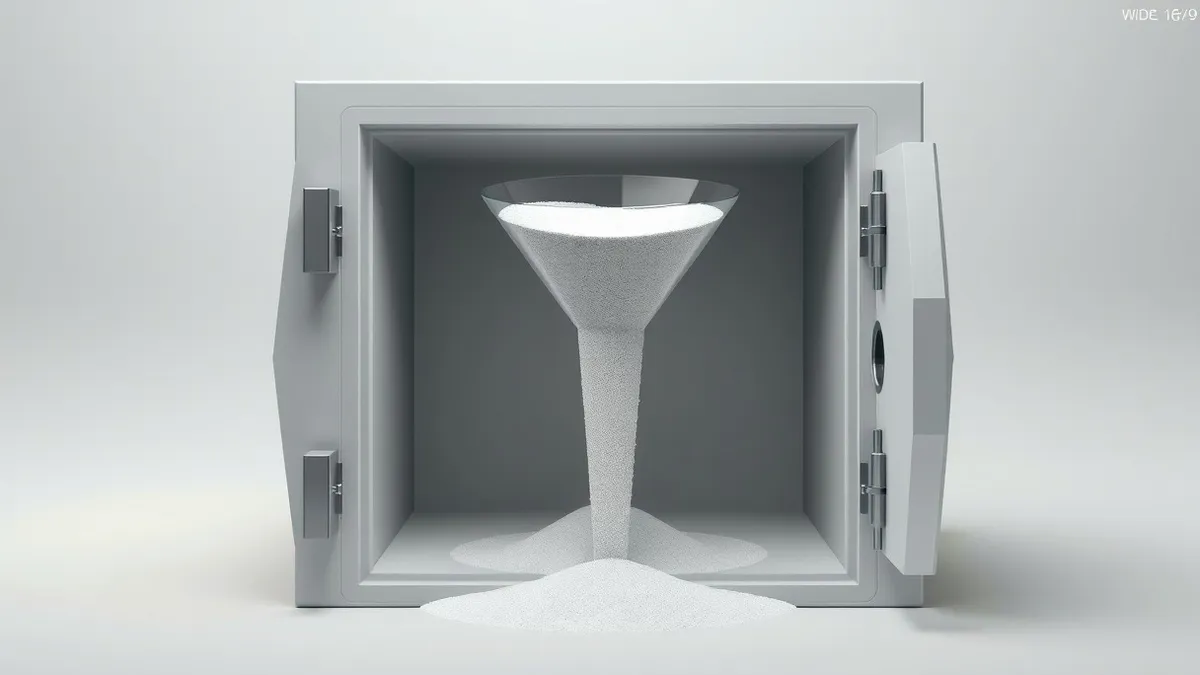 Illustration: A transparent glass funnel pours white sand into a sealed, opaque vault box.