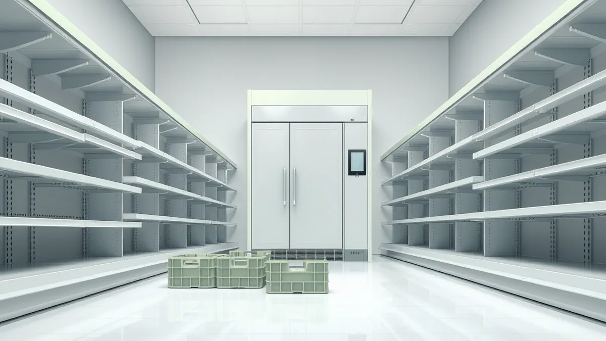 Illustration: Rows of empty supermarket shelves stand in a brightly lit aisle.
