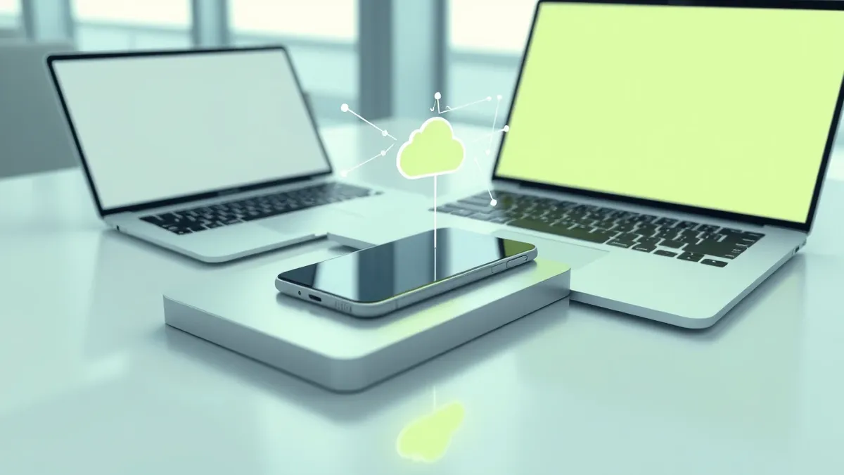 Illustration: A personal smartphone rests on a sleek office desk beside a corporate laptop.