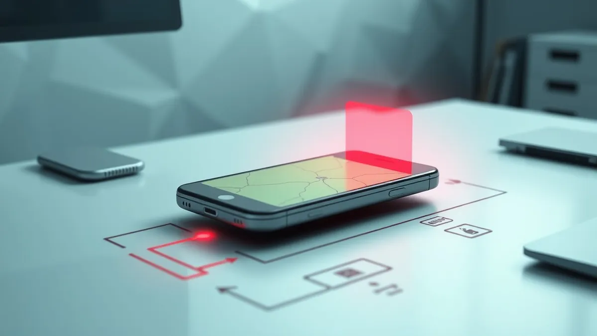Illustration: A cracked smartphone rests on a sleek office desk, emitting faint red warning lines that bypass a traditional firewall diagram drawn on the surface.