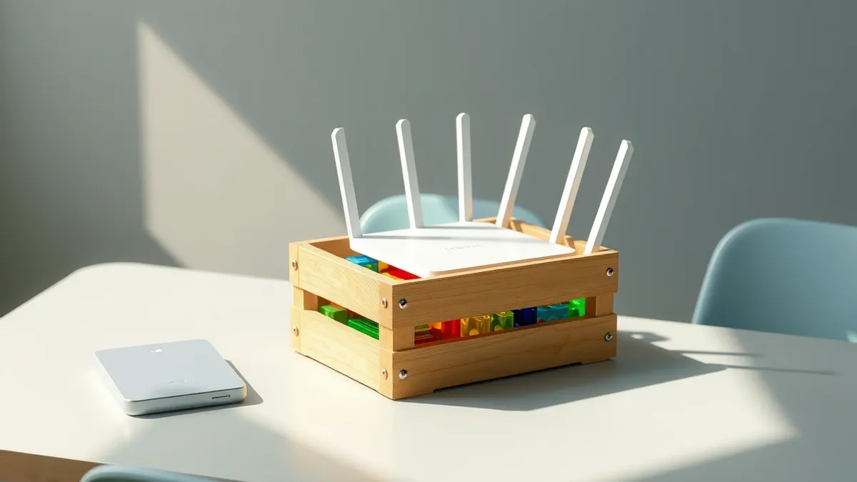 Illustration: A small wooden crate sits on a primary school desk, containing colorful plastic circuit tiles and a smooth white router.