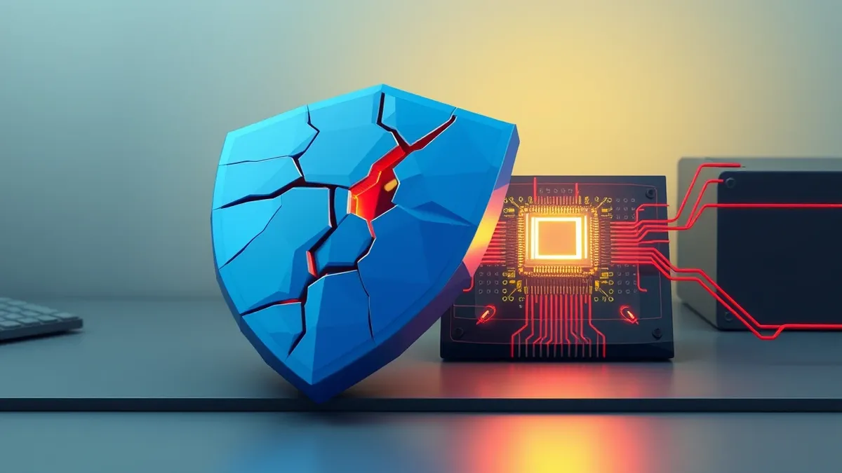 Illustration: A cracked blue shield lies on a desk next to a glowing circuit board.