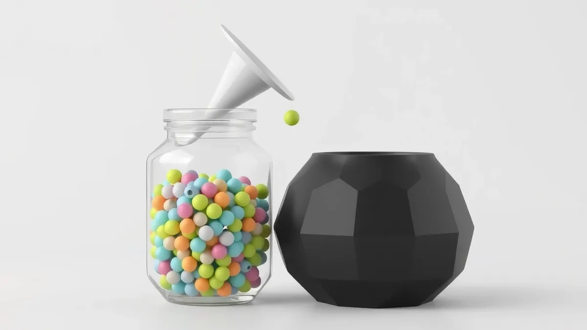 Illustration: A clear glass jar containing mixed colorful beads sits beside a dark opaque vessel.