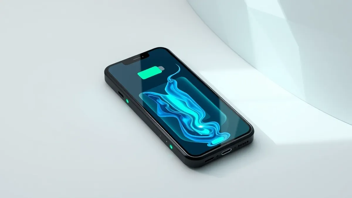 Illustration: A sleek black smartphone rests against a compact wireless battery pack on a smooth white surface.