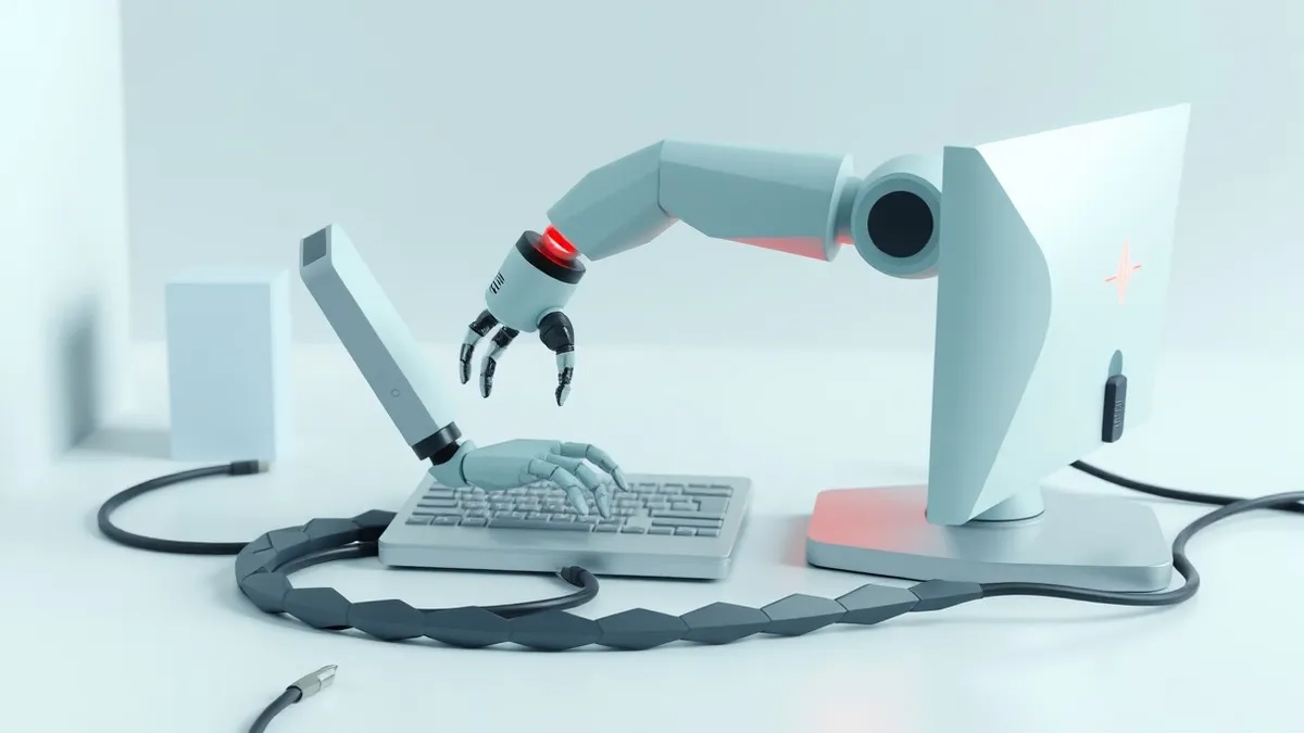Illustration: A sleek, headless robot arm sits motionless at a modern desk, its fingers hovering over a blank computer keyboard.