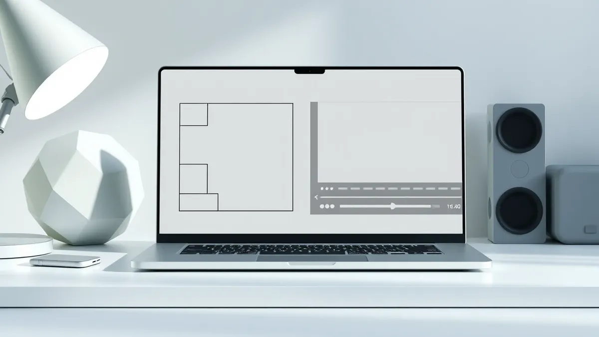 Illustration: A sleek laptop sits on a clean desk, displaying a split-screen interface with abstract geometric shapes and blank content blocks.