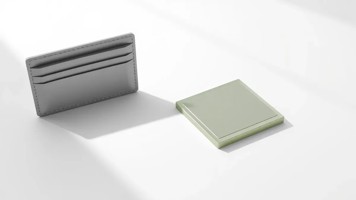 Illustration: A sleek silicon wafer sits on a sterile white table next to an empty wallet.