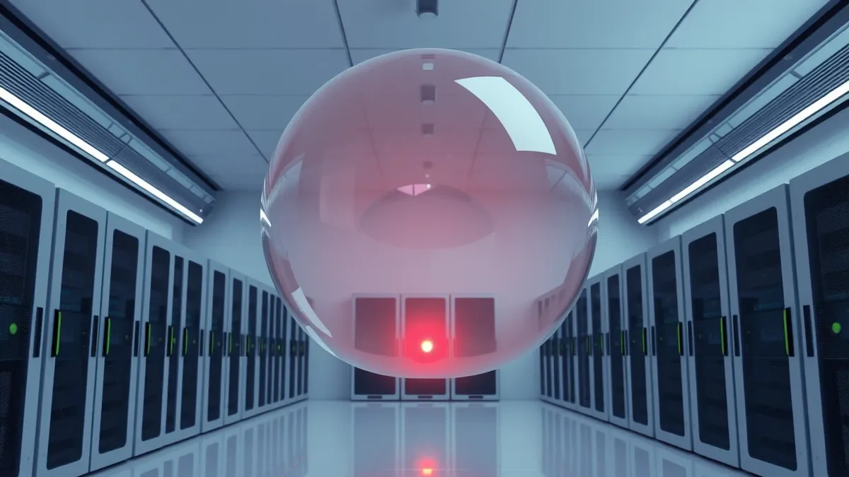 Illustration: A transparent, empty glass dome hovers over a row of generic server racks in a sterile room.