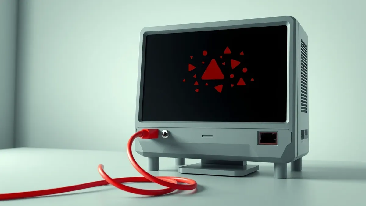 Illustration: A standalone network security management console sits idle on a desk, its blank screen reflecting a chaotic tangle of abstract red warning shapes.