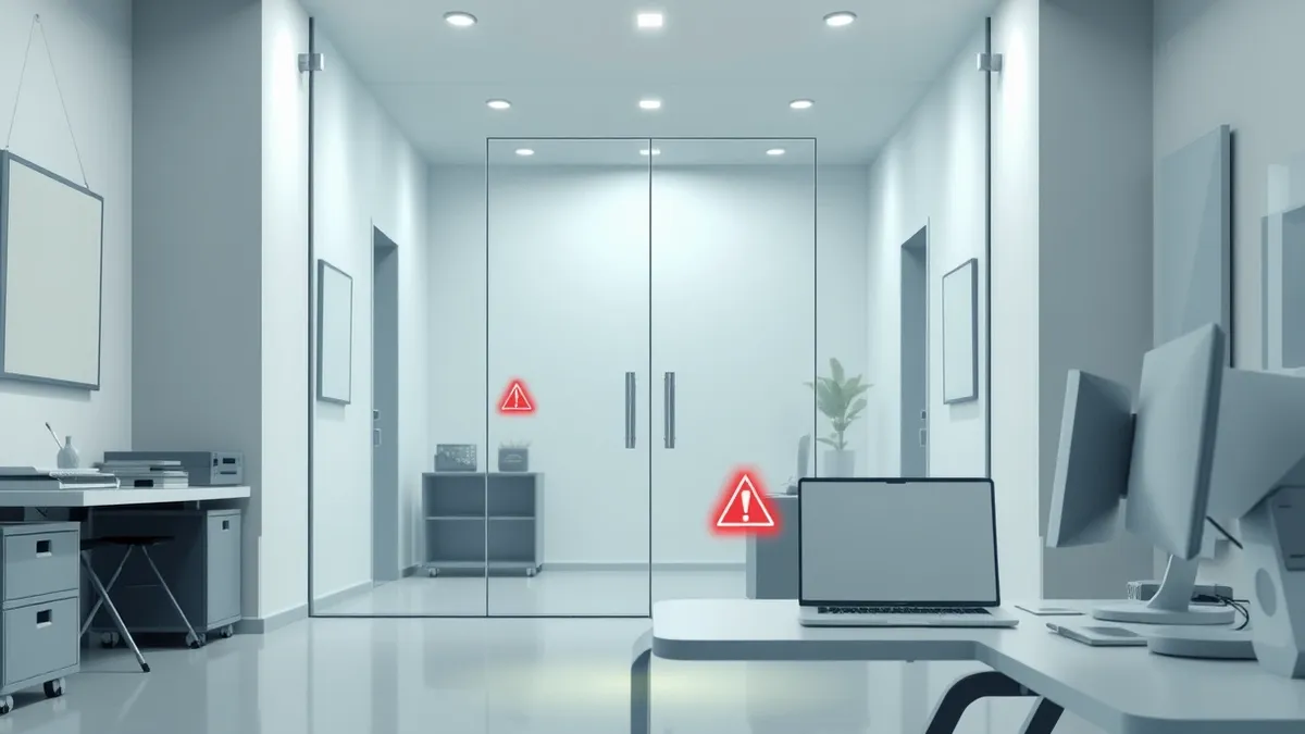 Illustration: A transparent glass office door stands closed in a modern workspace, separating a cluttered desk with a blank laptop from the hallway.