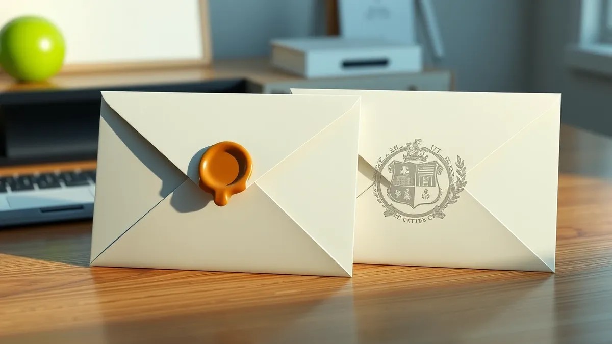 Illustration: Two distinct envelopes sit on a wooden desk.