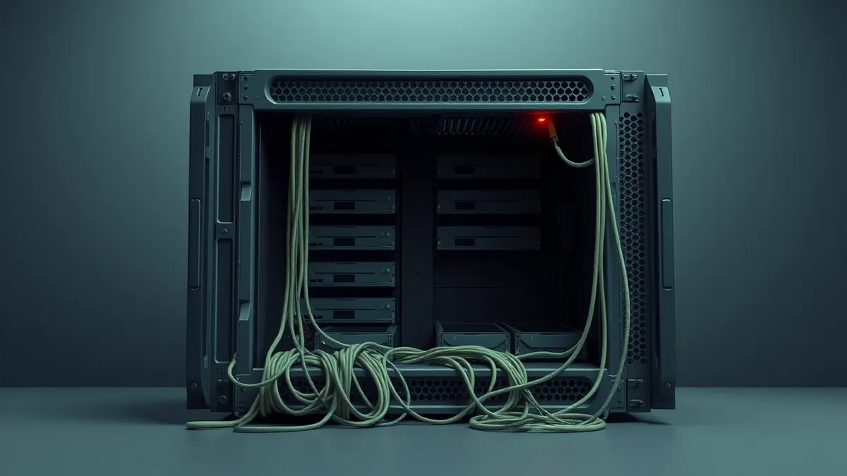 Illustration: A dusty server rack sits in a dark room with its front panel ripped open.