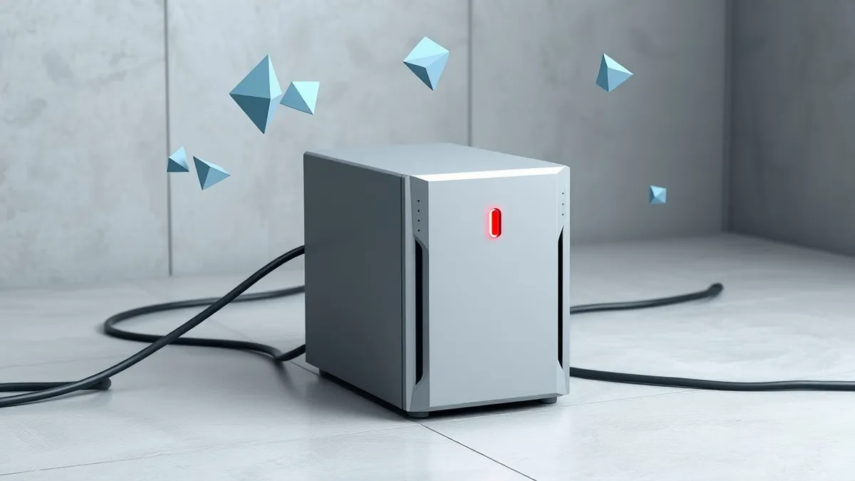 Illustration: A sleek silver server unit sits on a concrete floor, connected by thick black cables to a network switch.