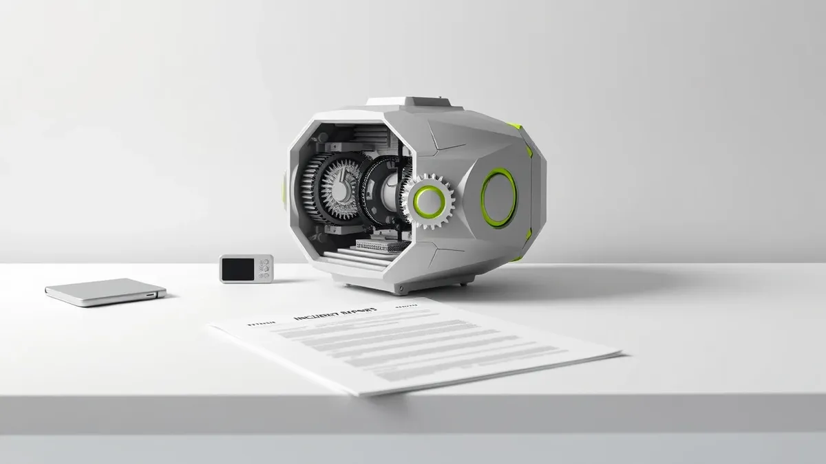Illustration: A sleek, silver autonomous decision engine sits on a stark white desk.