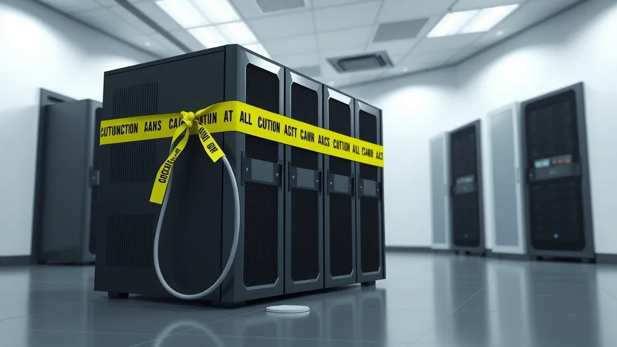 Illustration: A large black server unit sits disconnected in a sterile office, with a thick cable dangling loosely from its port.