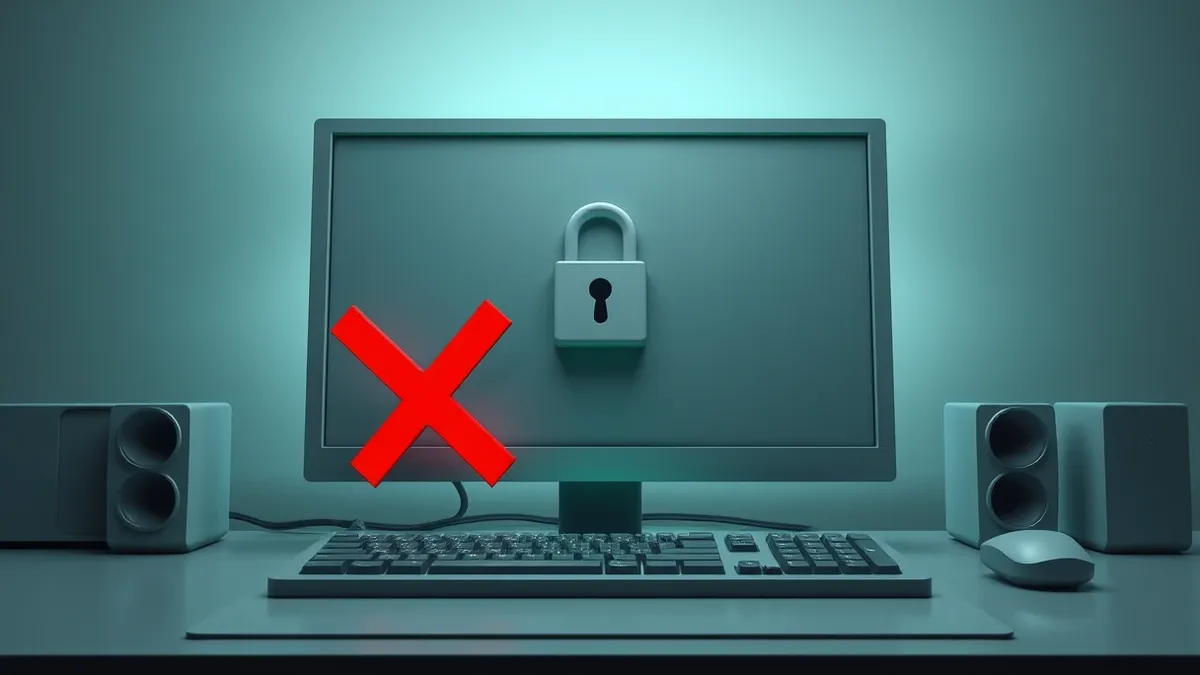 Illustration: A blank computer monitor sits on a desk, its screen frozen with a generic gray lock icon in the center.