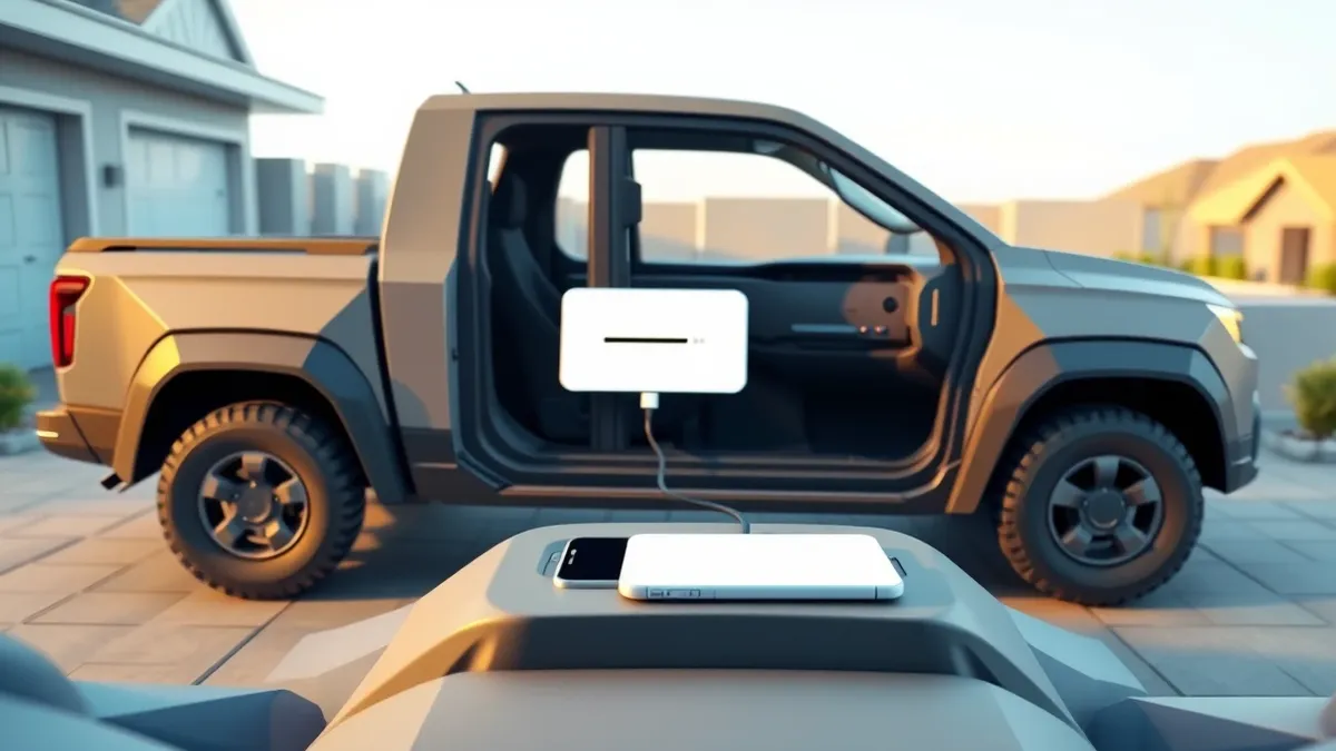 Illustration: A rugged electric pickup truck sits in a driveway with its driver door open.