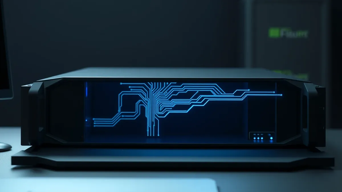 Illustration: A sleek black server blade sits open on a desk, its internal circuits glowing with soft blue light.