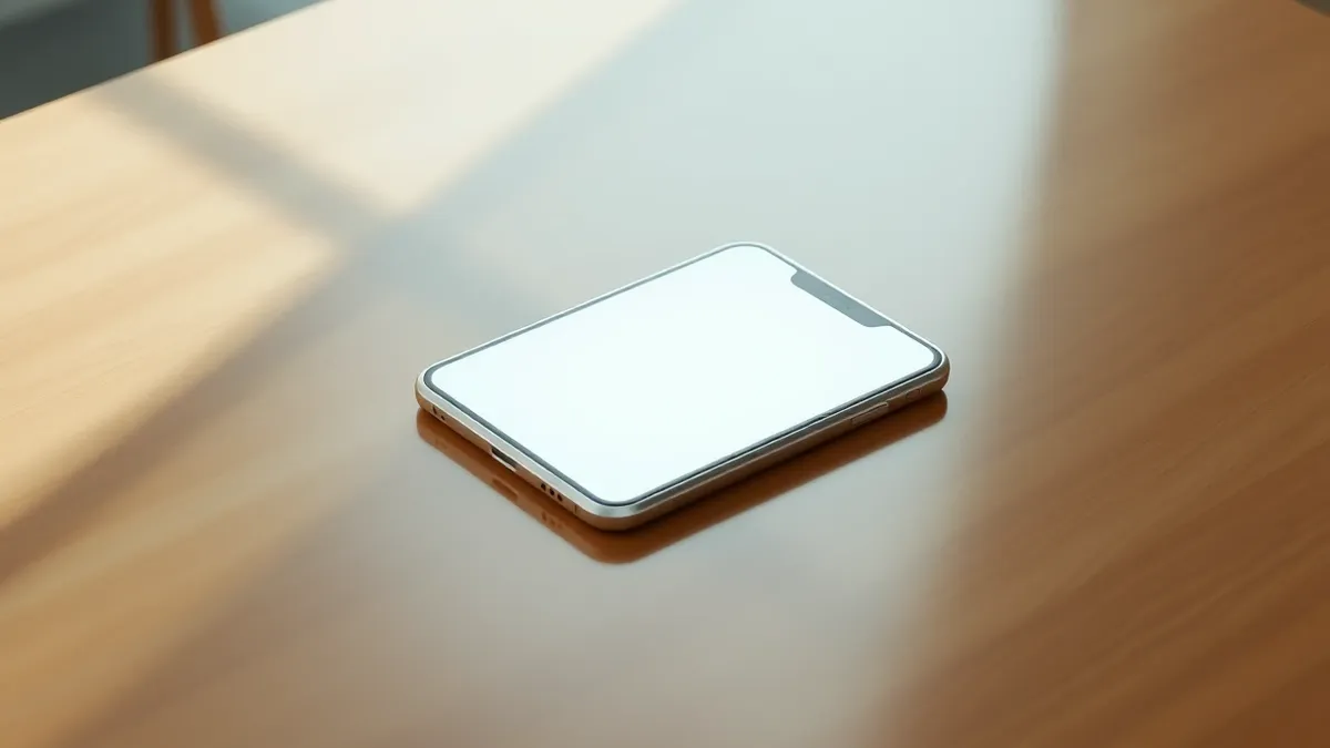 Illustration: A sleek silver smartphone rests on a polished wooden table, its screen displaying a stark, minimalist interface with a single prominent button centered among empty wh