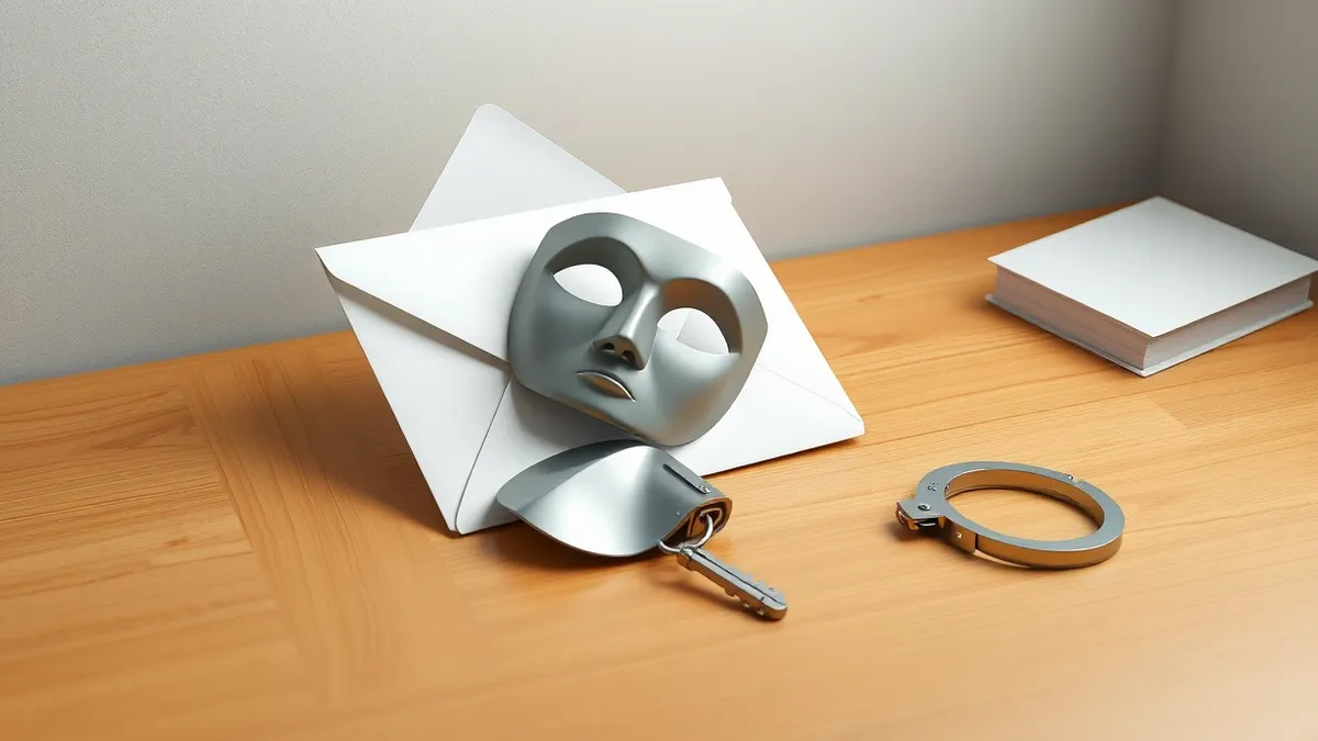 Illustration: A blank white envelope sits on a wooden desk beside a small theatrical mask and a pair of open metal handcuffs.